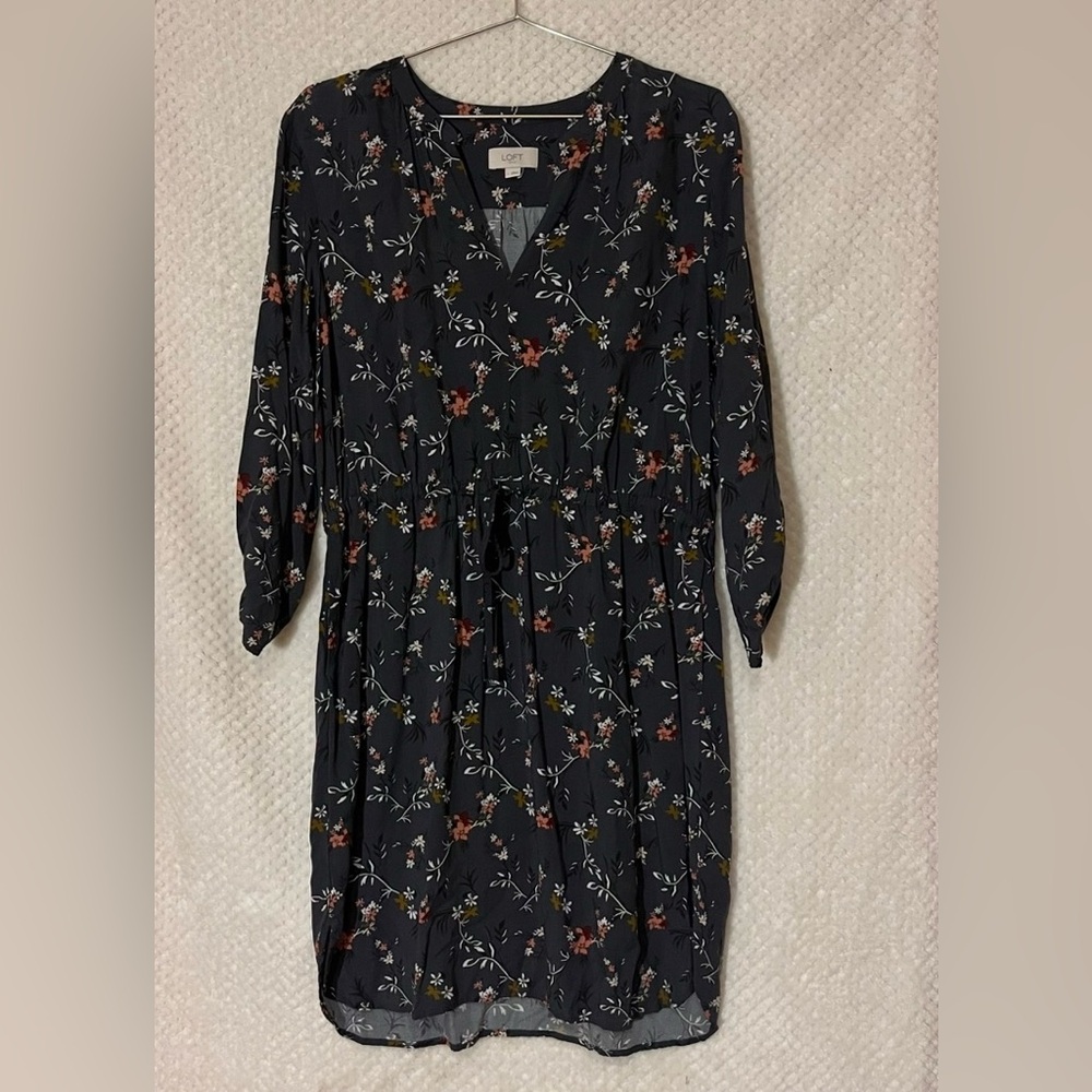 LOFT A-Line Dress Adjustable Waist Split Neck Floral Casual Classic Womens Large